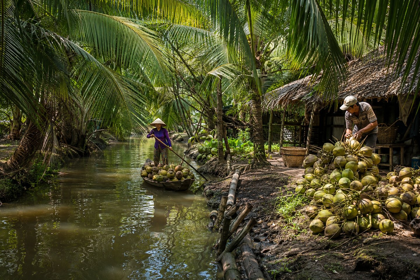A narrow Delta canal in Ben Tre with coconuts, palms and everyday work