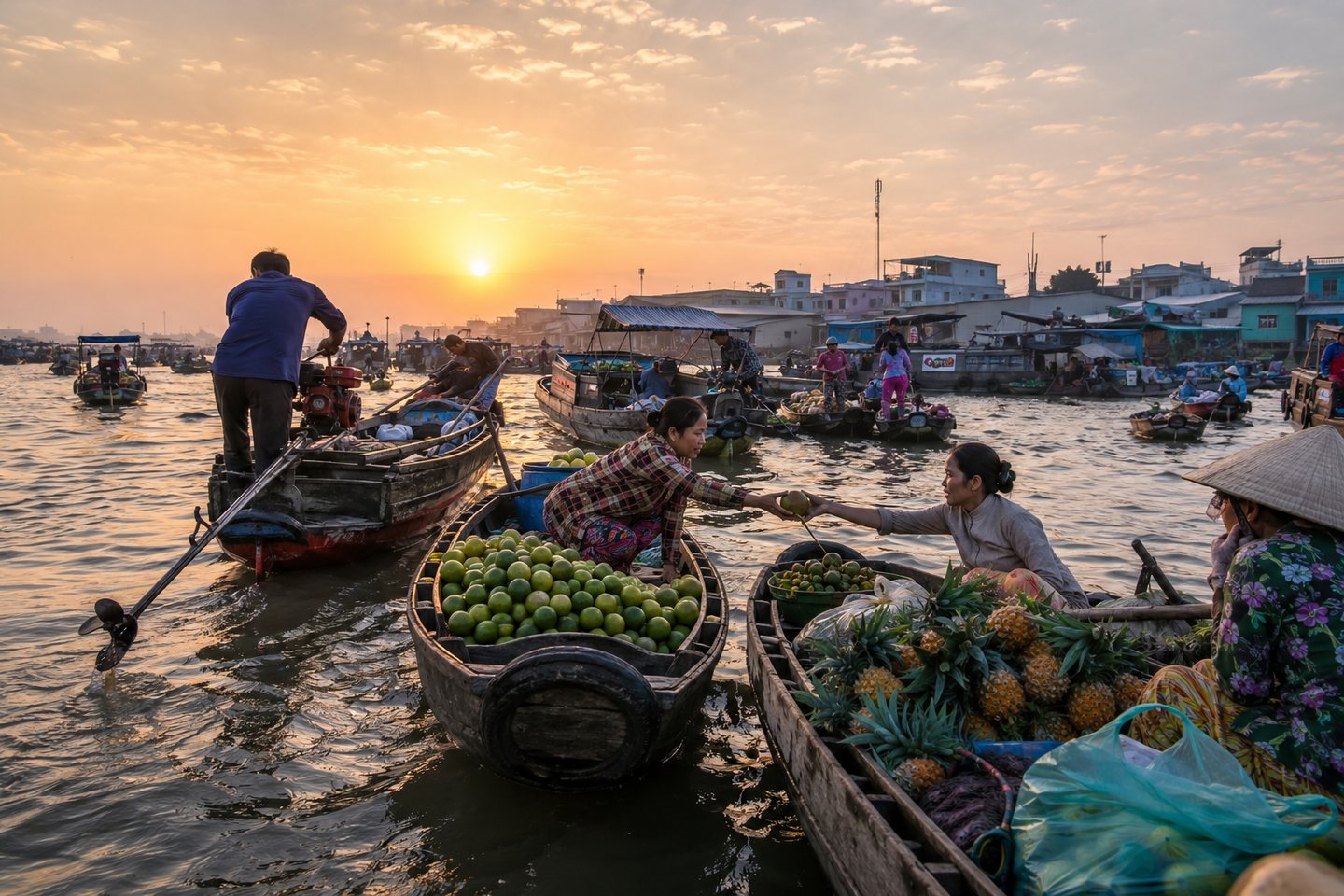 Cái Răng floating market at sunrise, with boats, produce and exchange on the water
