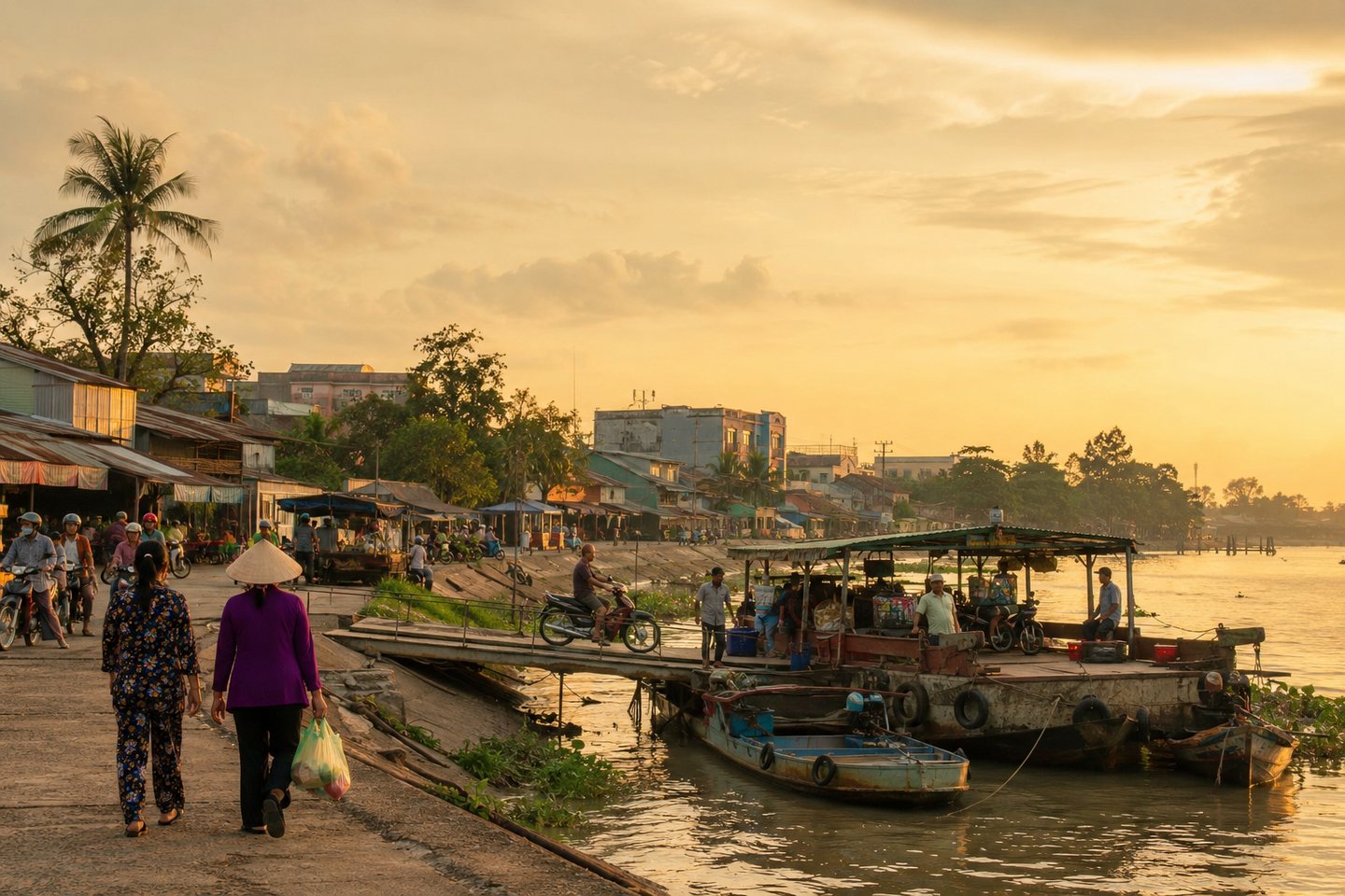 A small riverside town in the Mekong Delta at golden hour, with boats and local movement