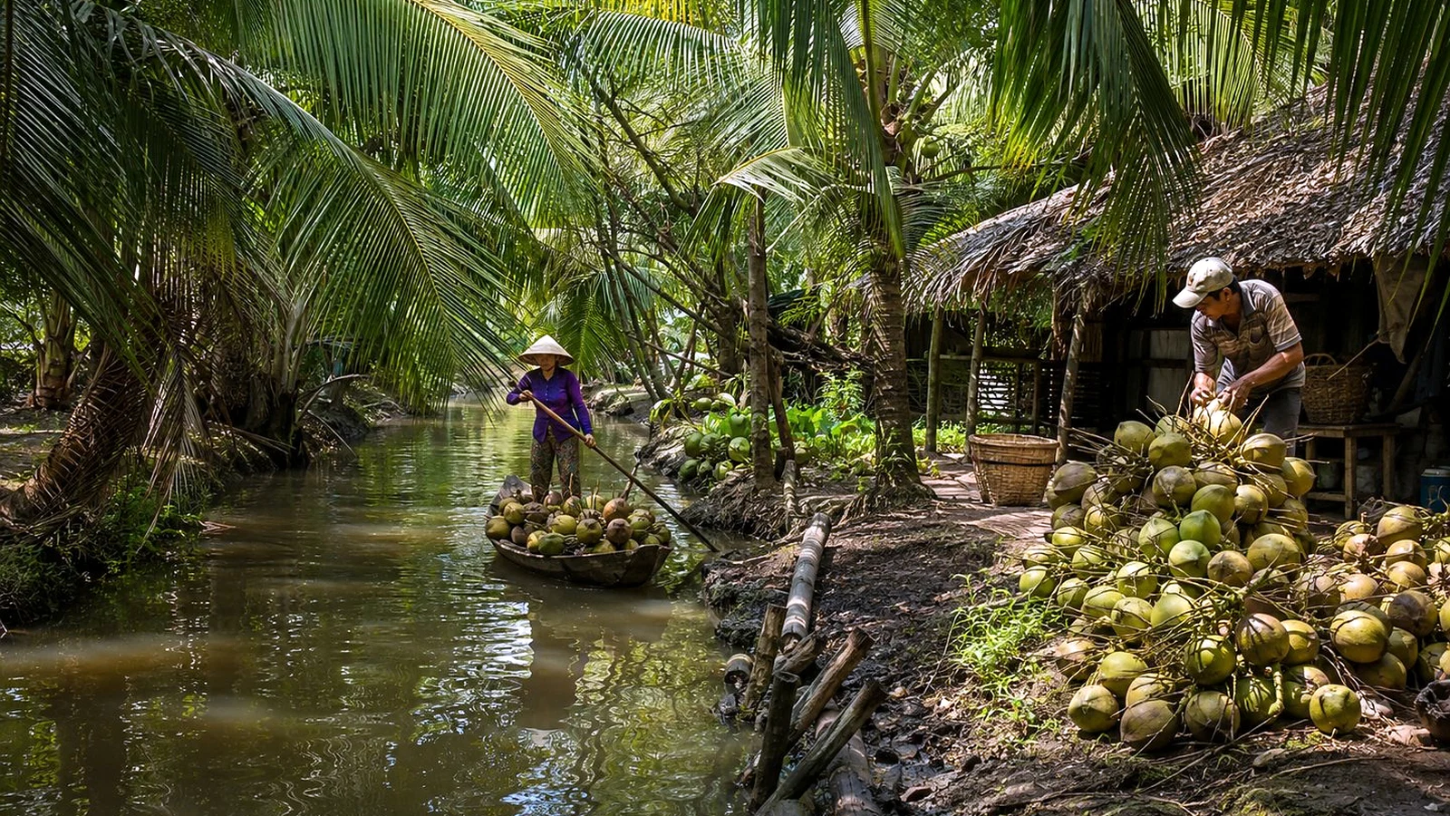 A narrow Delta canal in Ben Tre with coconuts, palms and everyday work