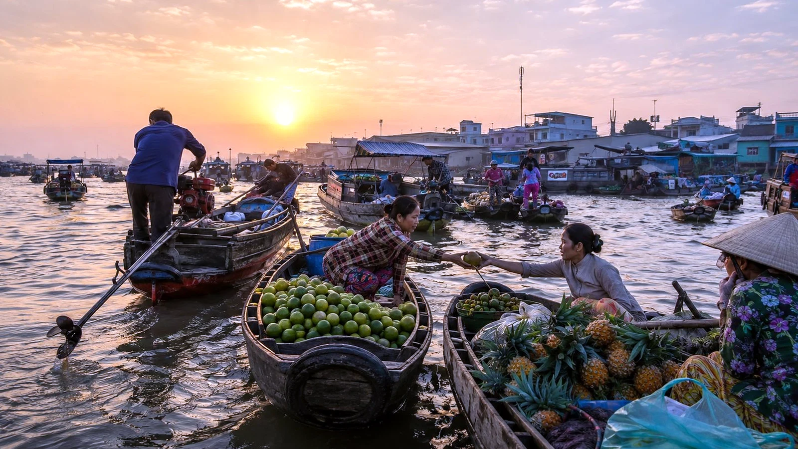 Cái Răng floating market at sunrise, with boats, produce and exchange on the water