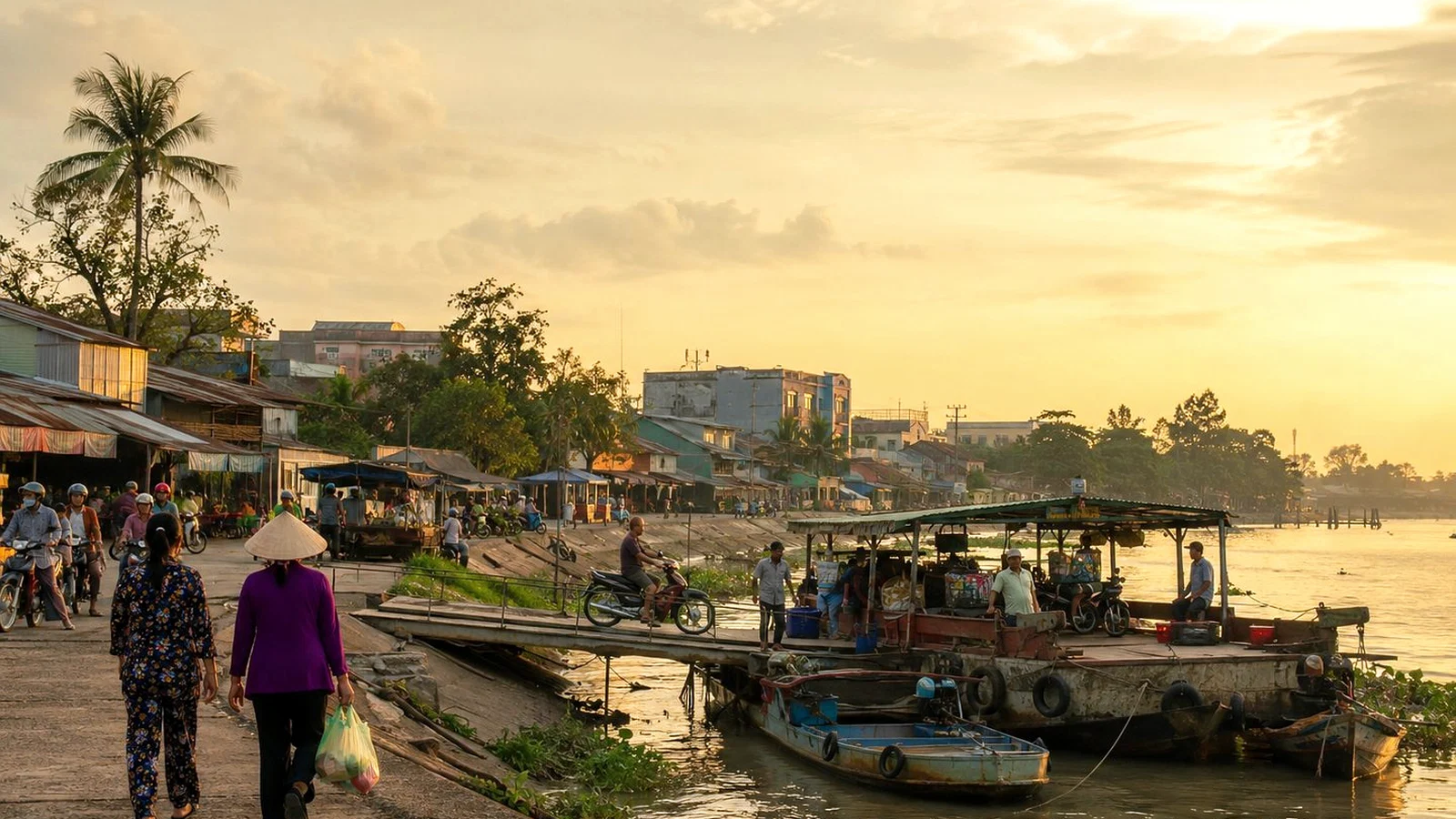 A small riverside town in the Mekong Delta at golden hour, with boats and local movement